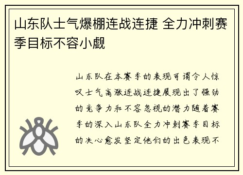 山东队士气爆棚连战连捷 全力冲刺赛季目标不容小觑