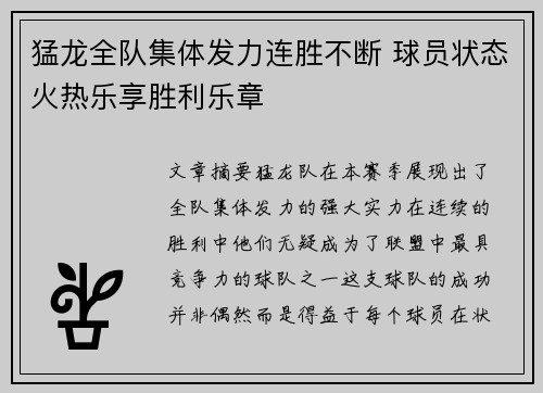 猛龙全队集体发力连胜不断 球员状态火热乐享胜利乐章