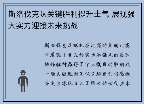 斯洛伐克队关键胜利提升士气 展现强大实力迎接未来挑战