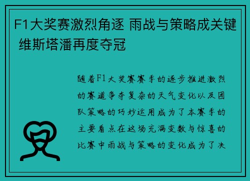 F1大奖赛激烈角逐 雨战与策略成关键 维斯塔潘再度夺冠